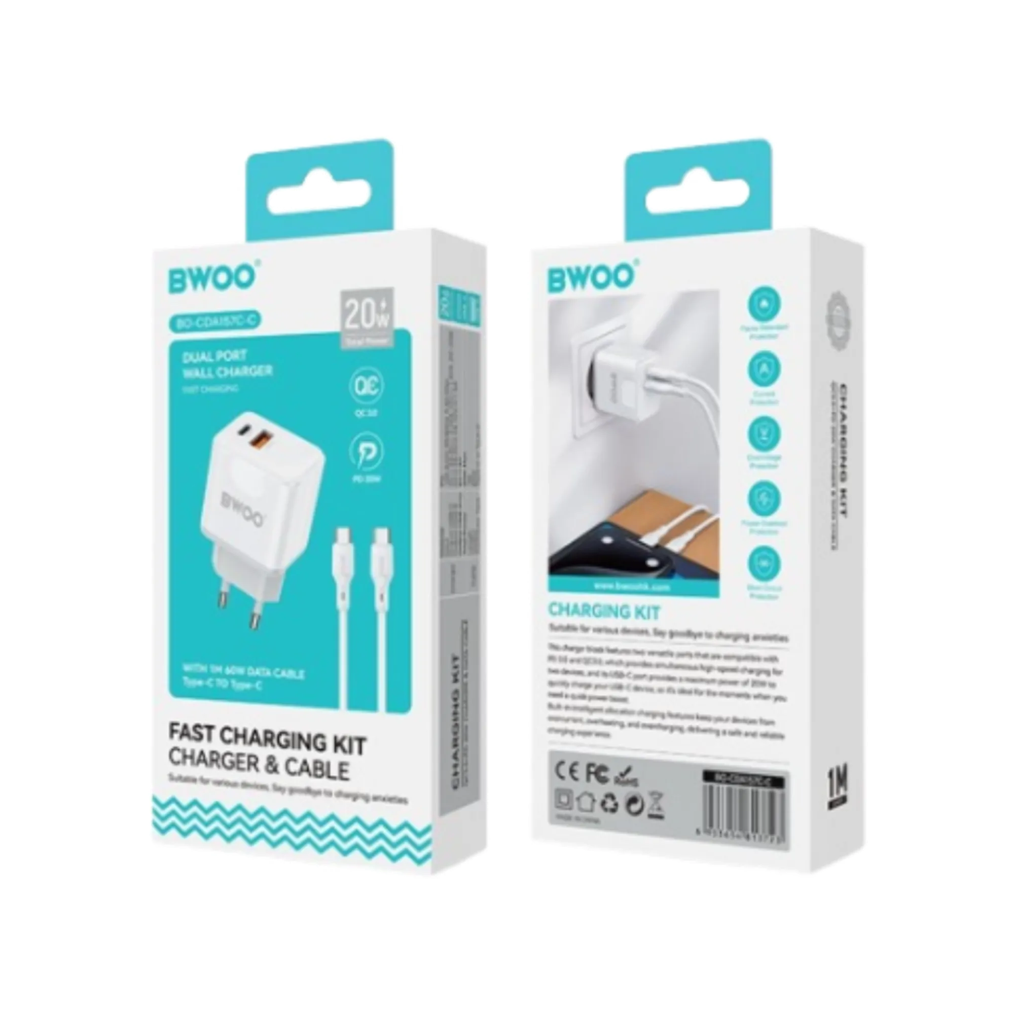 BWOO BO-CDA157 USB-A and USB-C 20W Fast Charger with type C Cable (EU plug)